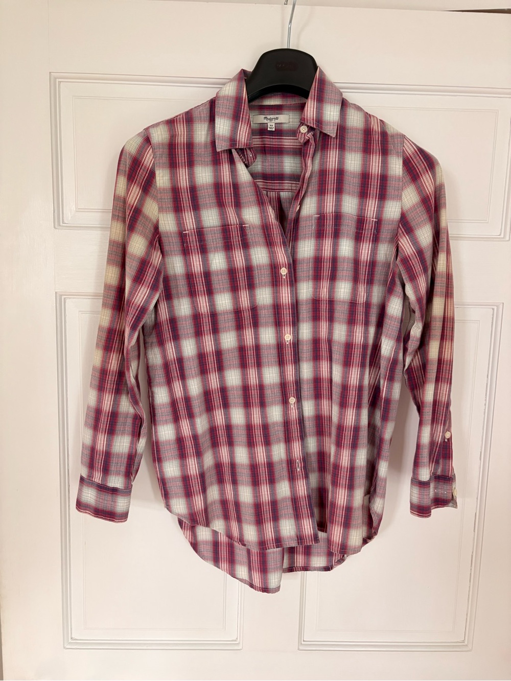 Madewell Men's Burgundy and White Plaid Button-Down Shirt